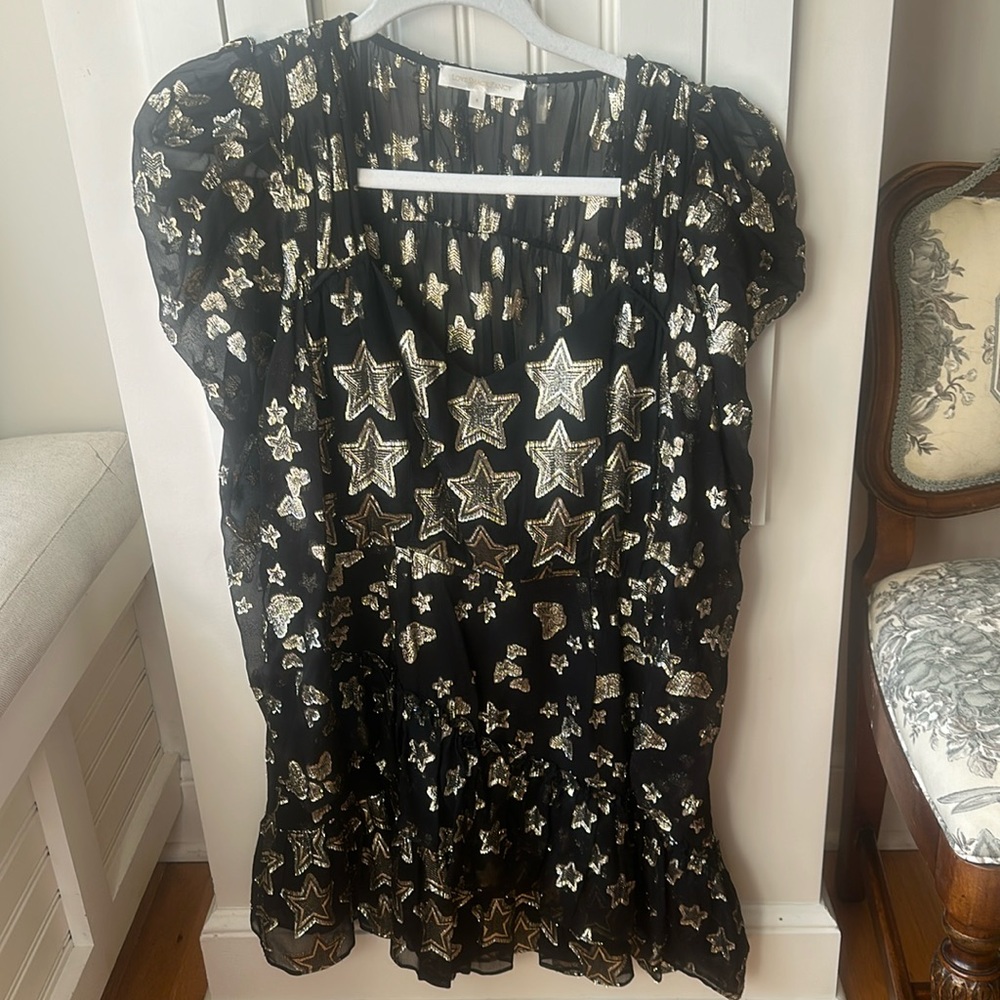 Love Shack Fancy black and gold party dress